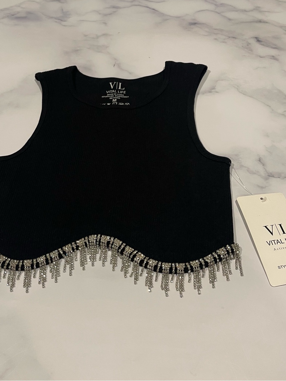 Vital Life Black Ribbed Crop Tank with Rhinestone Fringe Women’s Medium NWT